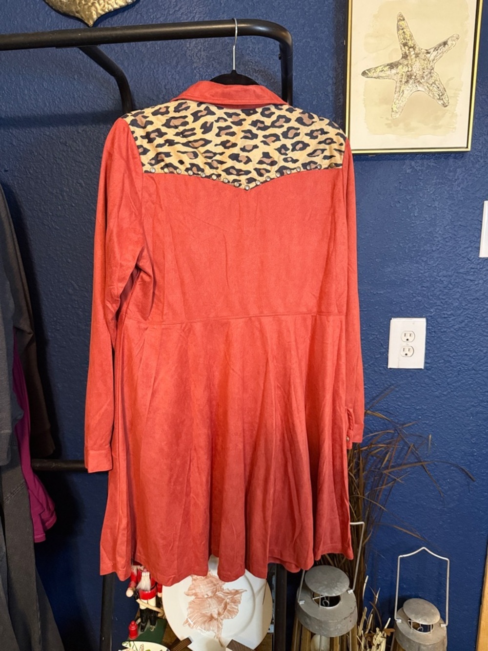 Red Button-Front Shirt Dress with Leopard Yoke - Picture 2 of 2